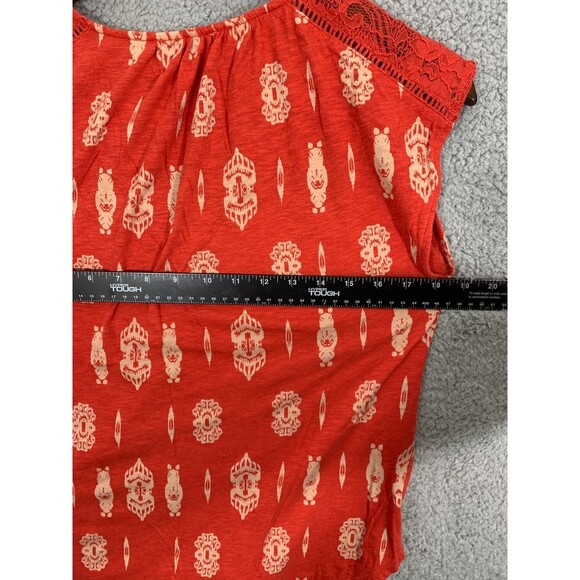 Lucky Brand XS Orange Blouse Top Geometric Tapestry Design Lace Window Shoulder - Picture 8 of 11